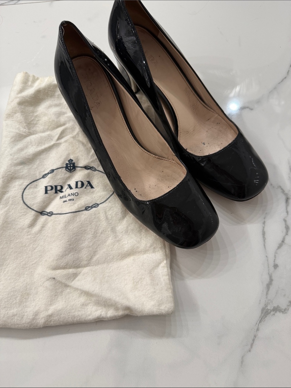 Prada Patent Leather Metal Accent Block Heel Pump